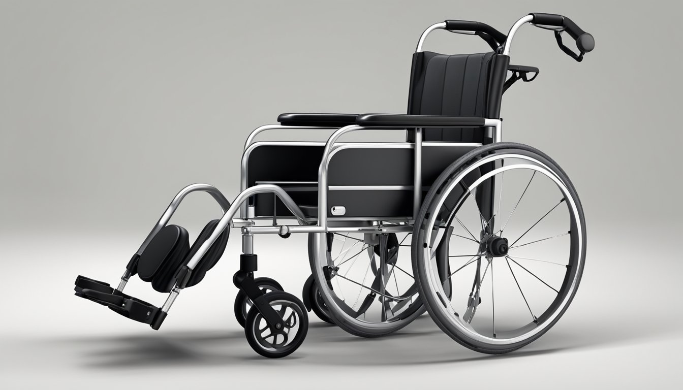 A transport chair and a wheelchair side by side, with a focus on the rear wheels. The transport chair has smaller, solid wheels, while the wheelchair has larger, spoke wheels with push rims