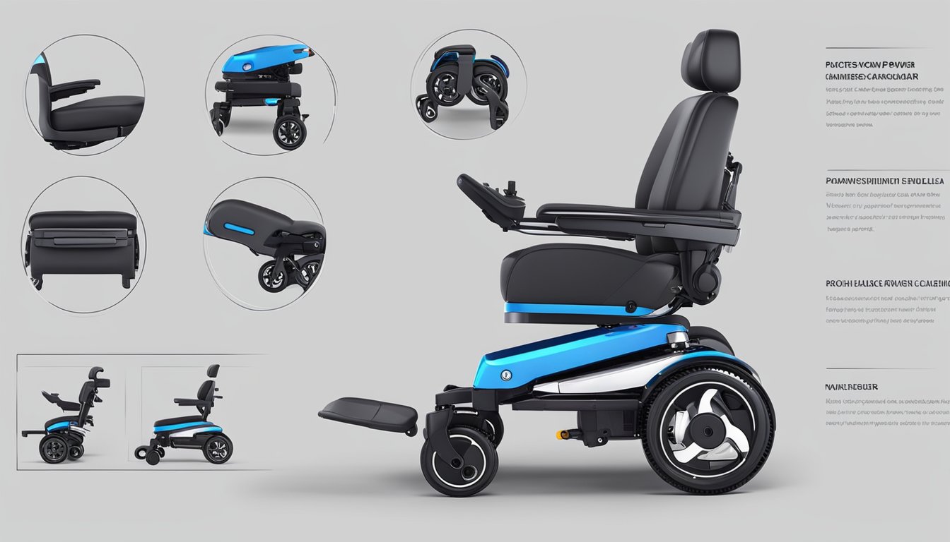 A sleek, compact folding power wheelchair with lightweight frame and ergonomic design