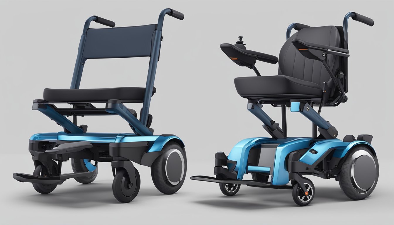 An electric wheelchair sits folded next to a person, showcasing its lightweight design and easy portability