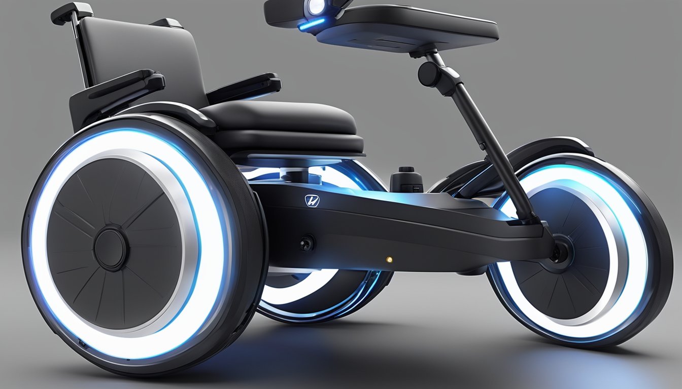 An electric wheelchair unfolds effortlessly, revealing its lightweight frame and compact design. The sleek lines and modern features are highlighted by the soft glow of integrated LED lights