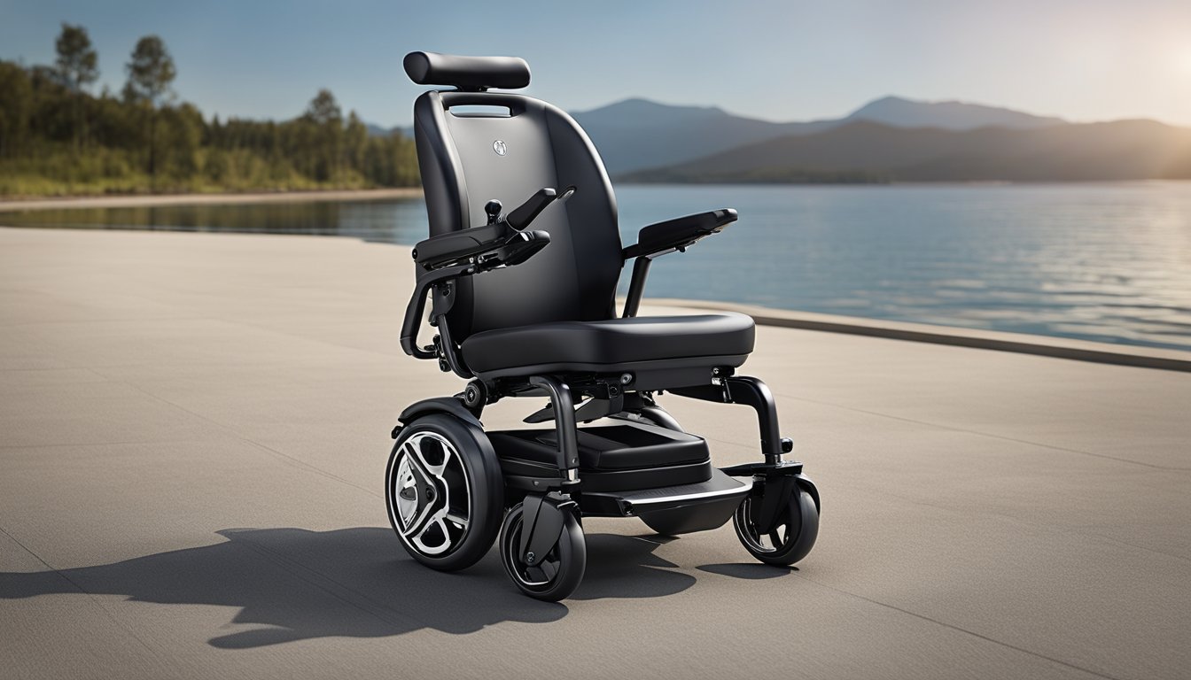 A sleek, lightweight folding power wheelchair made of durable carbon fiber and aluminum. It features a streamlined design with adjustable components for maximum comfort and mobility
