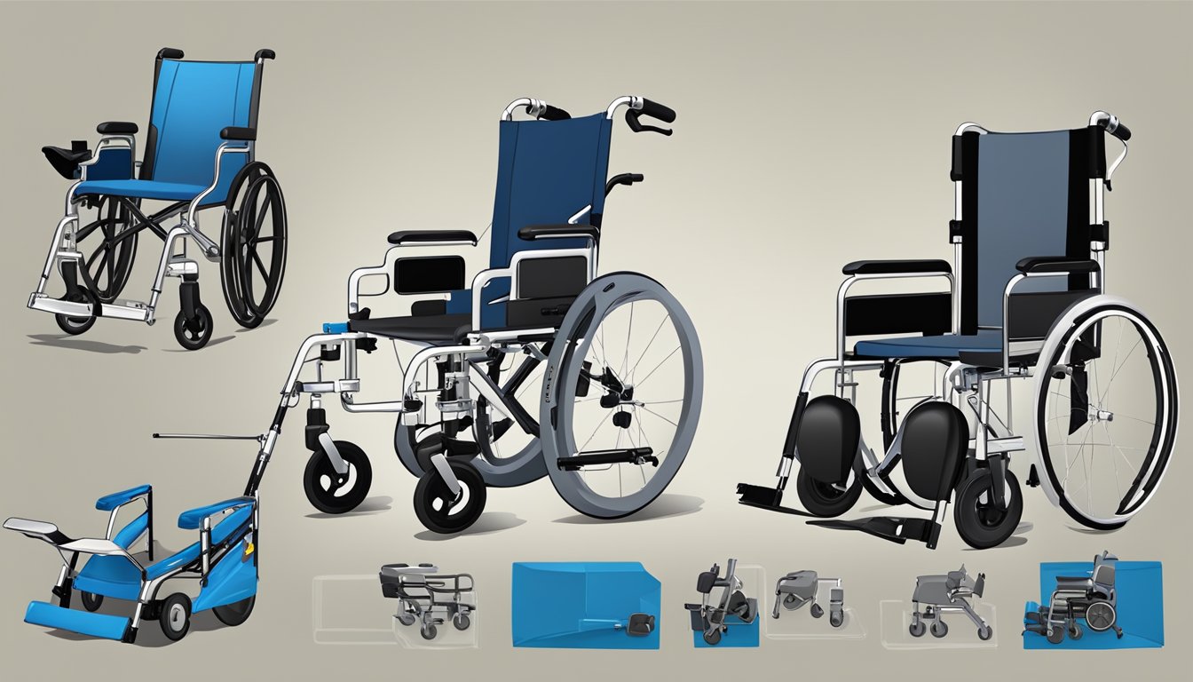 A transport chair and a wheelchair sit side by side, with the transport chair featuring small wheels and handles for pushing, while the wheelchair has larger wheels and adjustable footrests