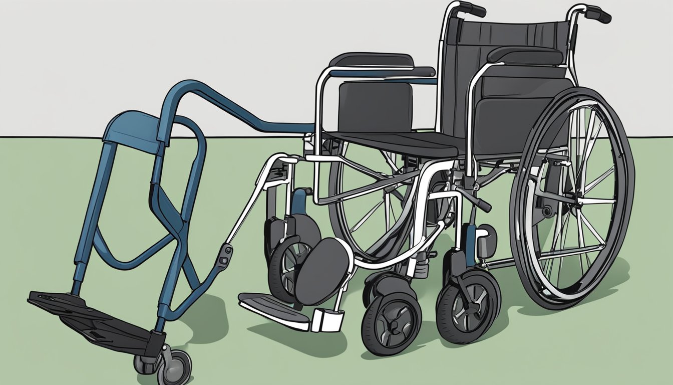 A transport chair sits empty next to a wheelchair. Both have large wheels and handles, but the transport chair is lighter and more compact