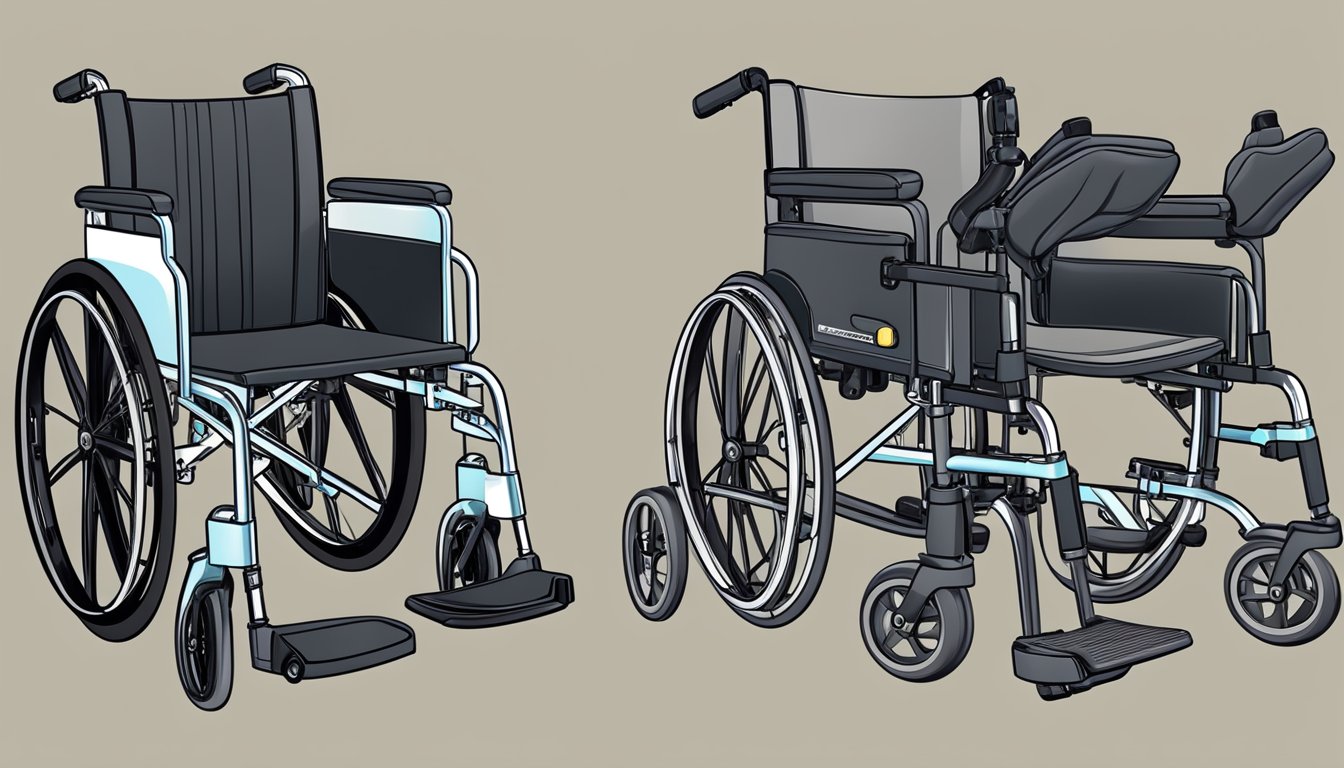 A manual wheelchair and a transport chair side by side, highlighting their differences in design and features