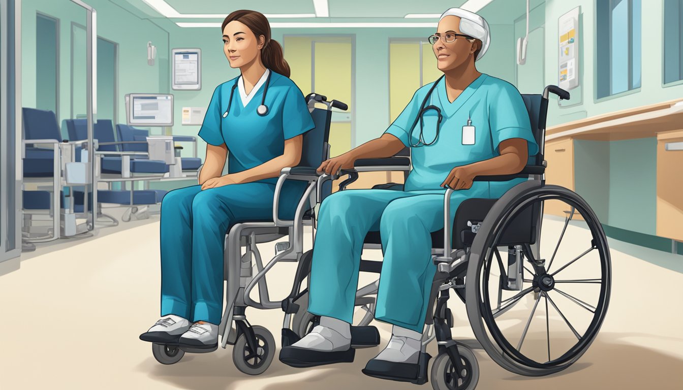 A person sits in a transport chair, while another sits in a wheelchair. Both chairs are in a medical facility, with a nurse nearby