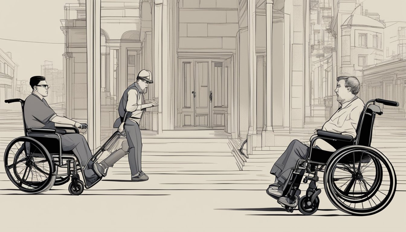 A person using a transport chair struggles to move, while another person in a wheelchair navigates independently