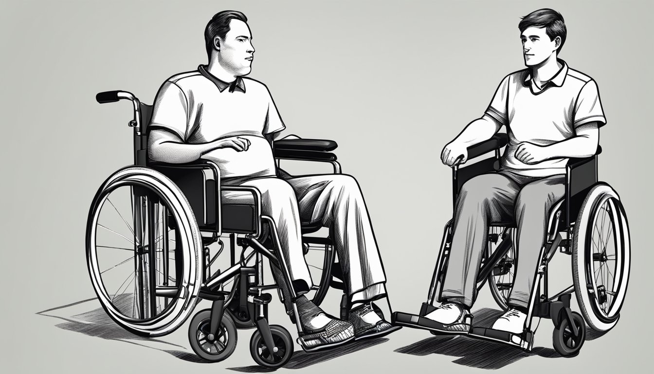 A person in a wheelchair is comparing a transport chair to a standard wheelchair, considering the differences in size, weight, and maneuverability