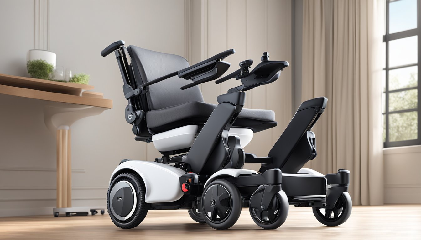 A sleek, compact power wheelchair unfolds effortlessly in a well-lit room, showcasing its lightweight design and modern features
