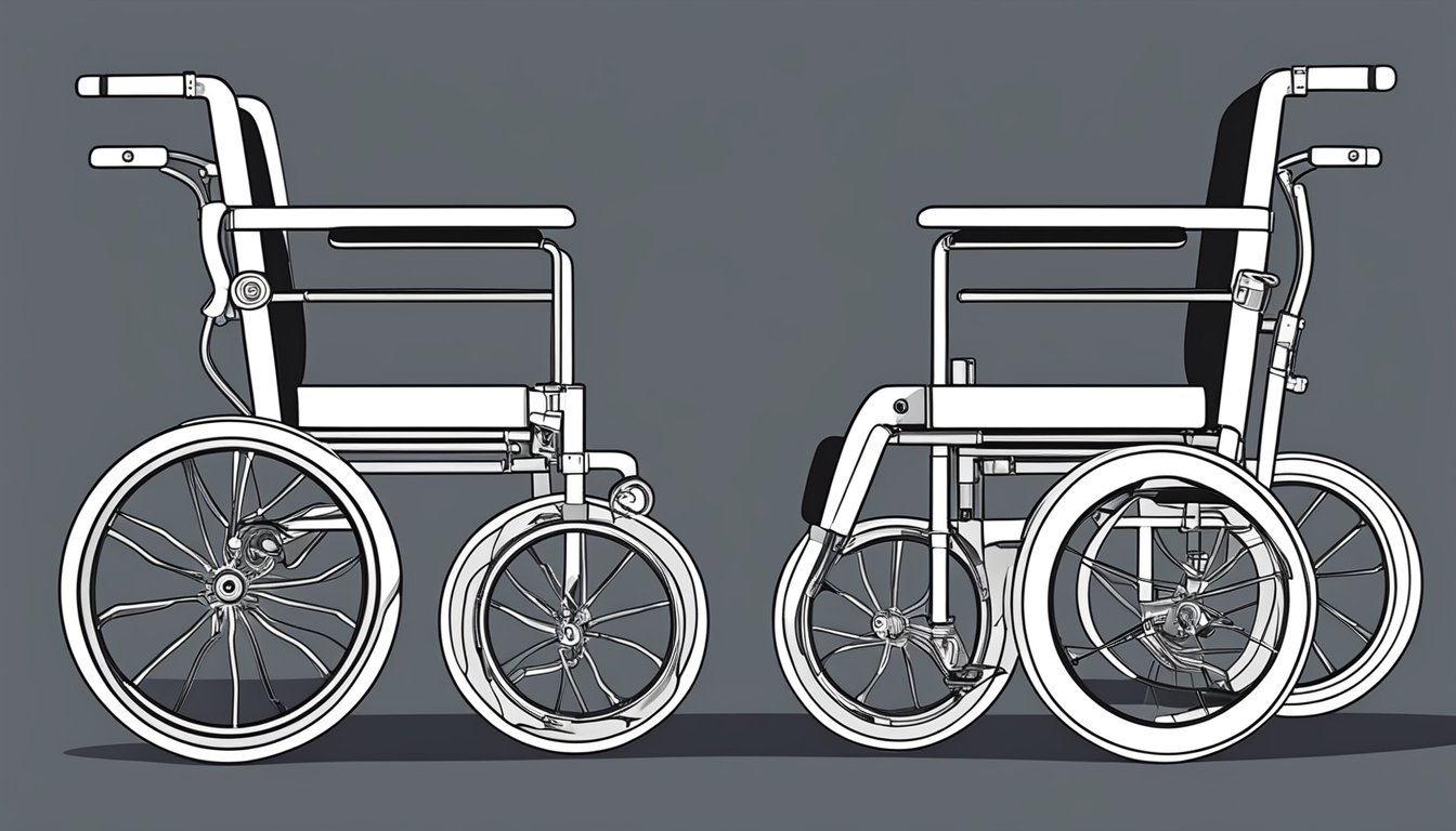 A sleek, foldable wheelchair with compact wheels and adjustable features, designed for easy transport and maneuverability