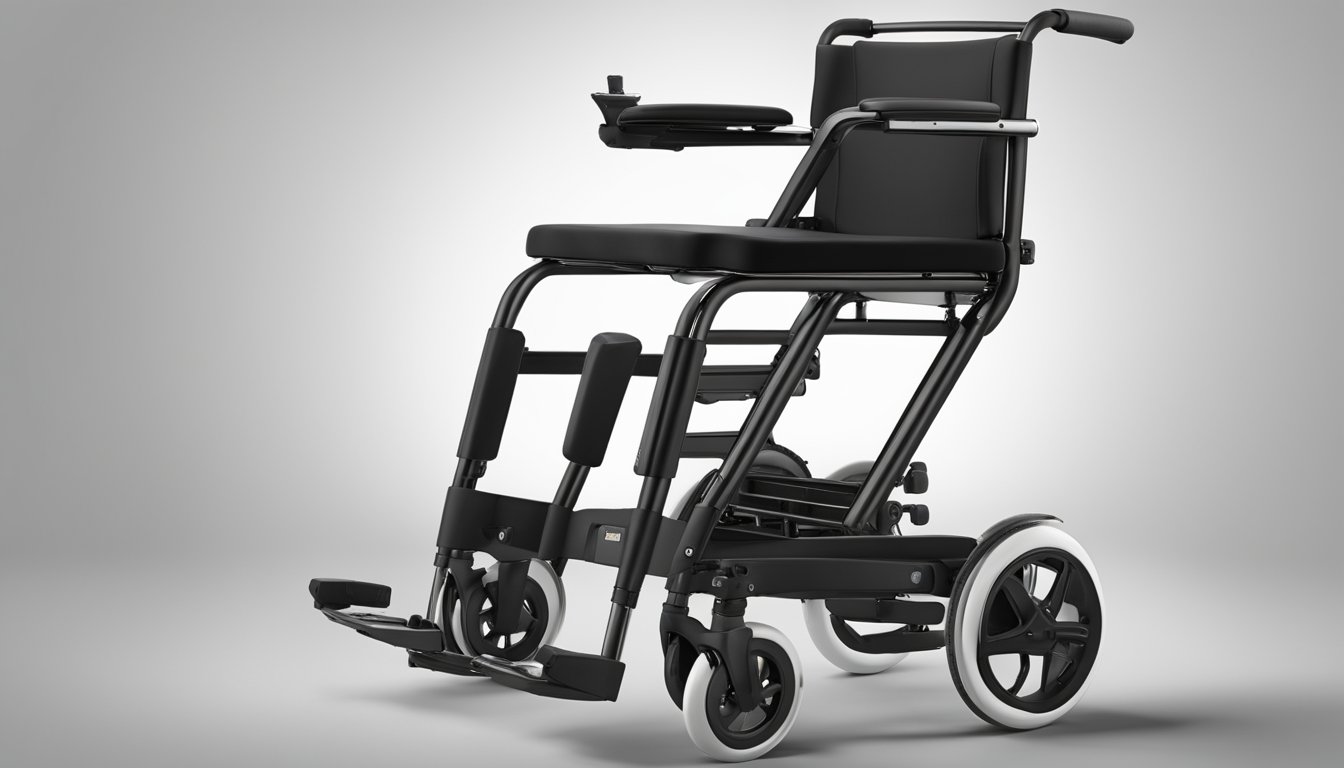 A sleek, foldable wheelchair with compact wheels and adjustable features. A lightweight frame and ergonomic design for easy maneuverability and portability