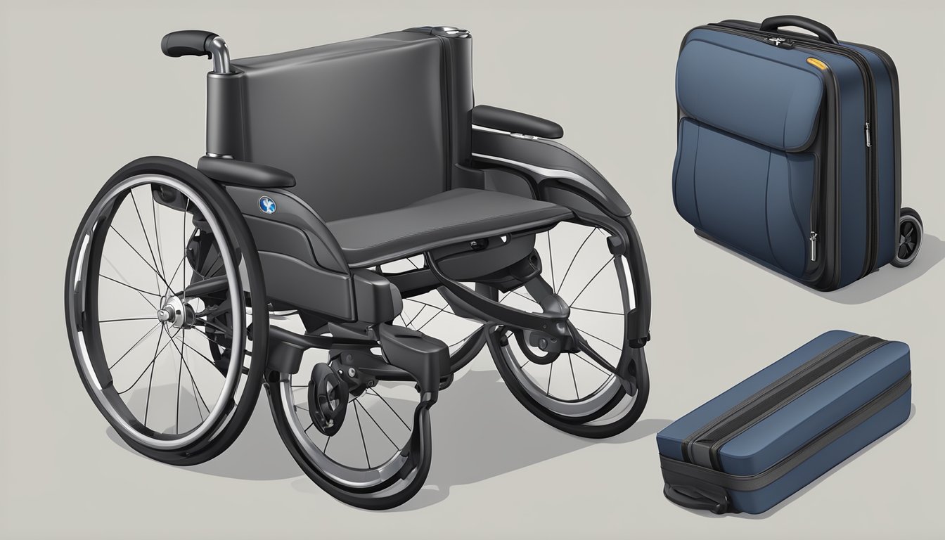 A compact and foldable wheelchair next to a suitcase, with lightweight materials and easy-grip handles