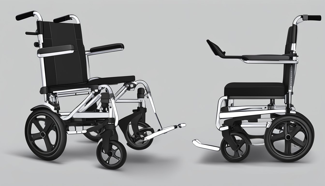 A sleek, foldable wheelchair with durable, lightweight materials. Compact design for easy travel and storage. Consideration of cost and value evident in the construction