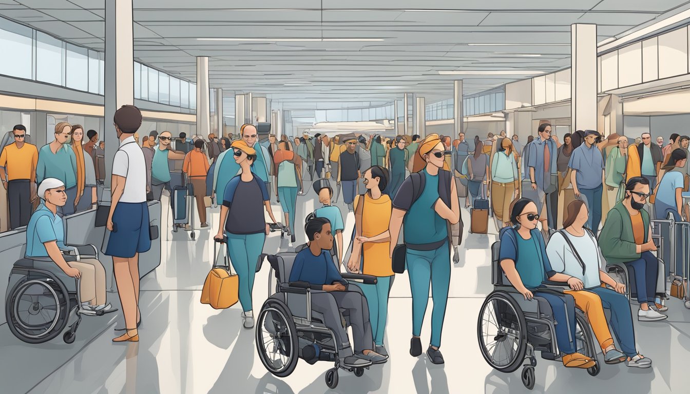 A sleek, foldable wheelchair navigates through a crowded airport with ease, fitting through narrow spaces and smoothly maneuvering around obstacles