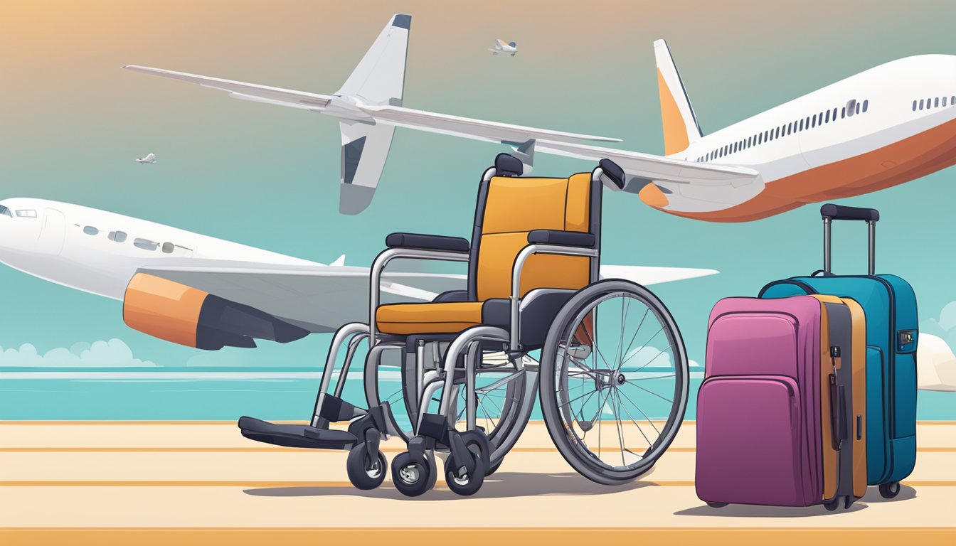 A compact wheelchair beside a suitcase and airplane, with a "Frequently Asked Questions" banner in the background