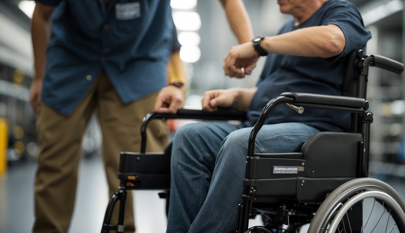A person measures and fits a wheelchair, checking dimensions and adjusting parts for a perfect fit