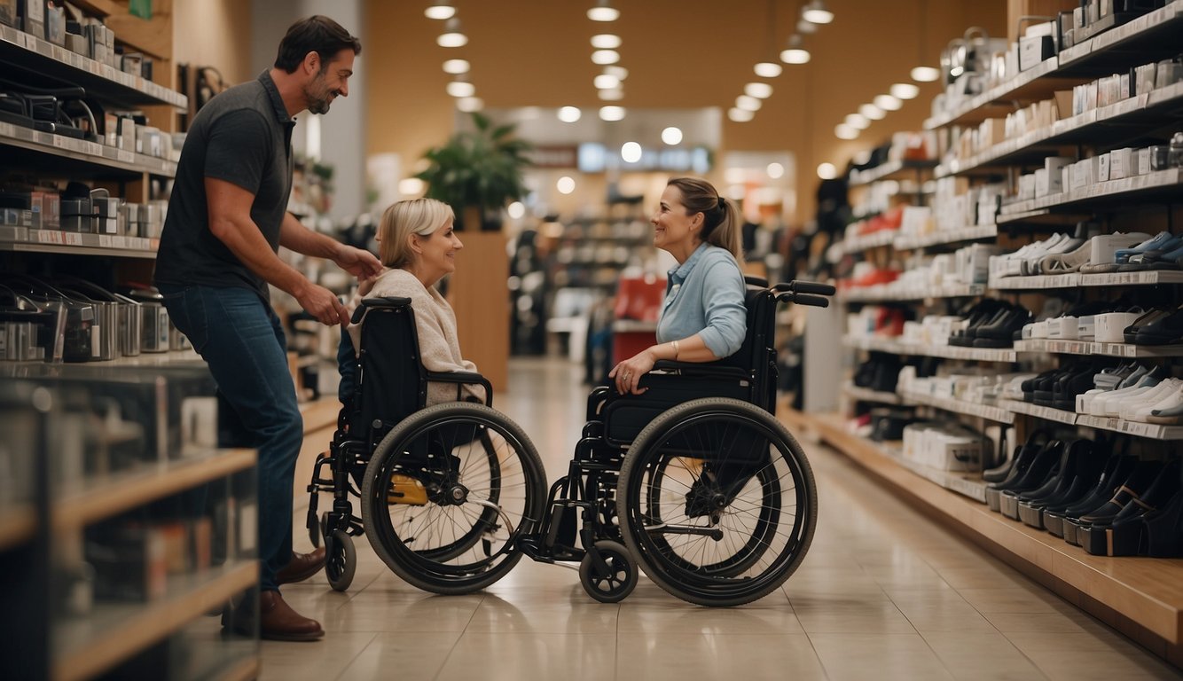 A person browsing through wheelchair options in a store, looking at different models and features, while a salesperson provides assistance