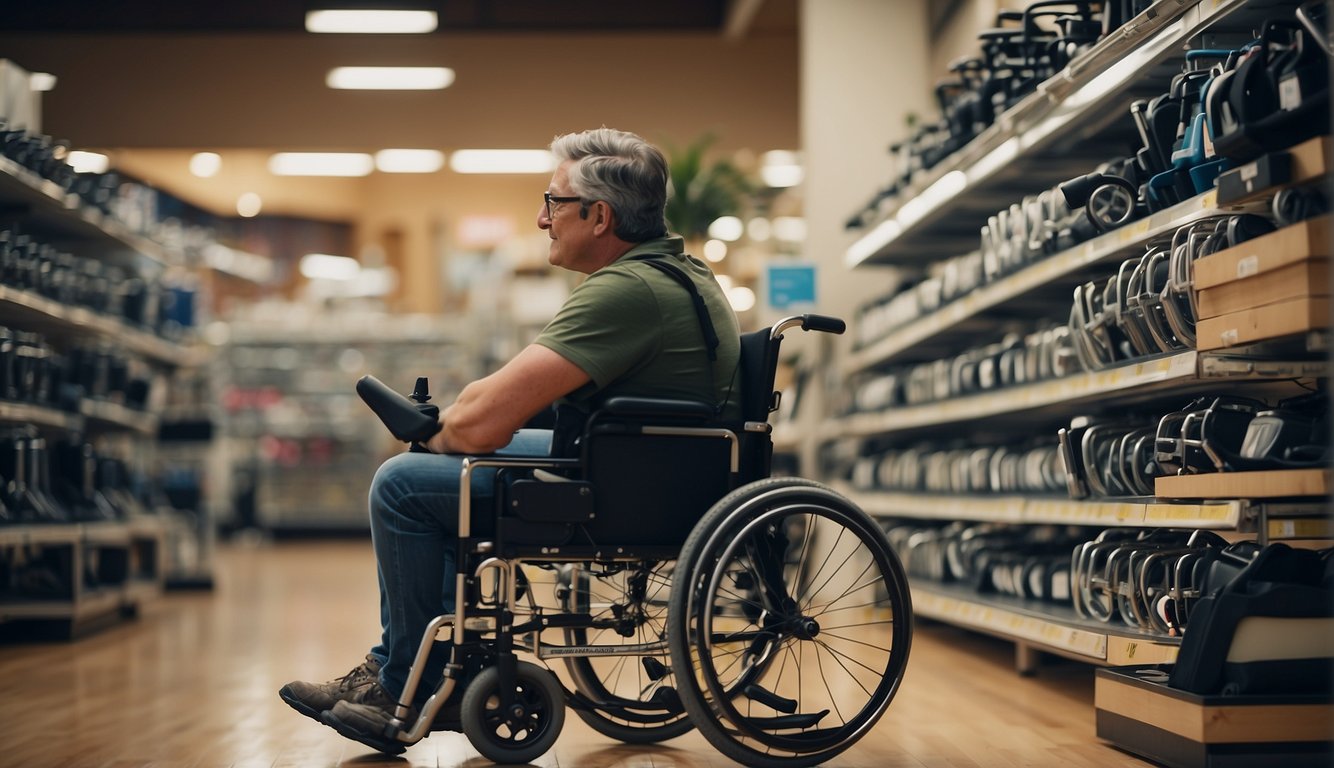 A person selects a wheelchair from a variety of options displayed in a medical equipment store