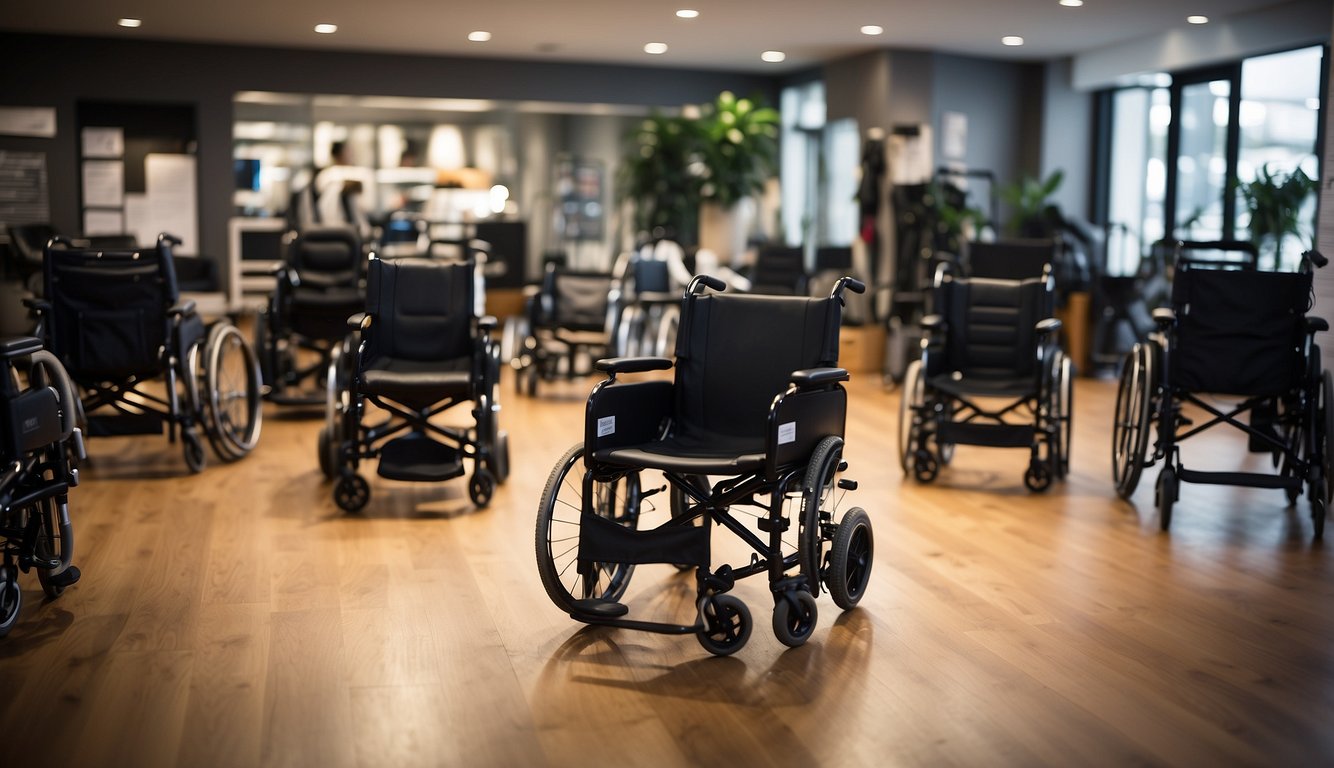 A variety of wheelchairs displayed in a showroom with labels indicating different features and prices. A person is receiving assistance from a sales representative to try out different models