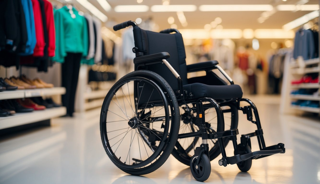 A wheelchair displayed in a bright, spacious store with various models and features. A helpful salesperson assists a customer in choosing the right wheelchair